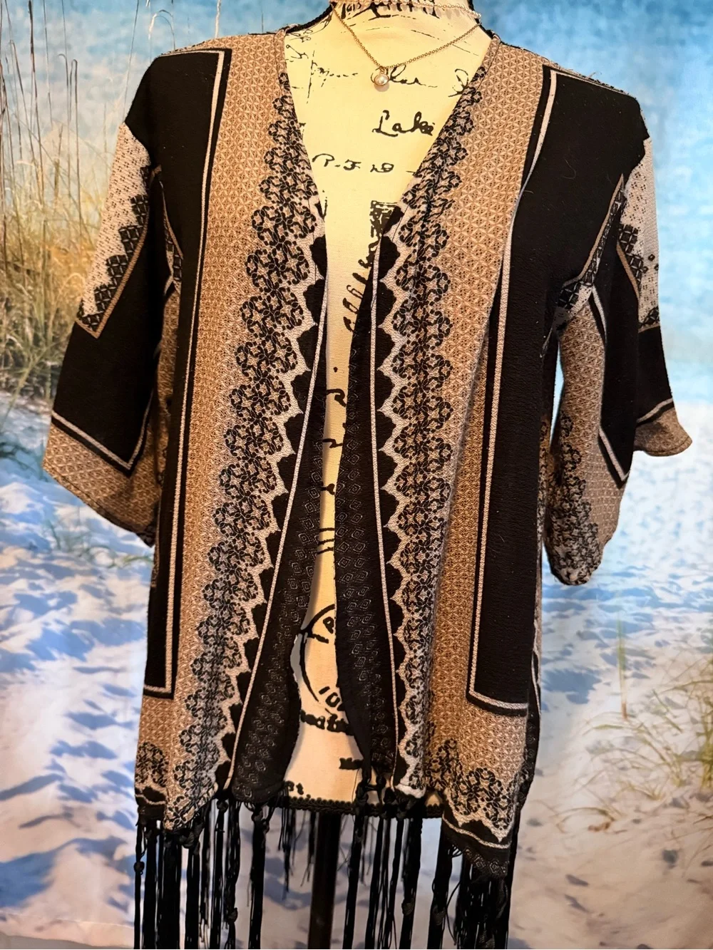 Sweet Rain Black and Tan Fringe Kimono Cardigan
